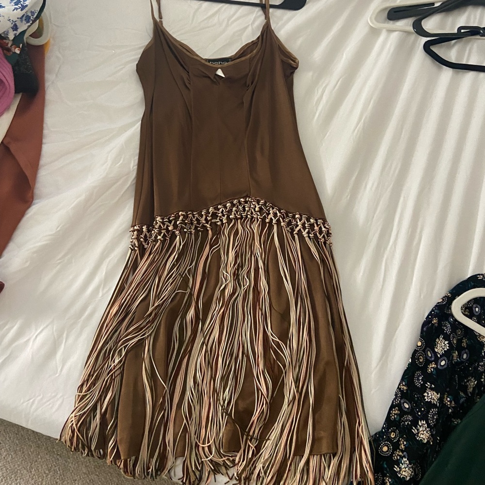 Vintage Bebe Black Tassel Gown/ Mini Short Dress Small